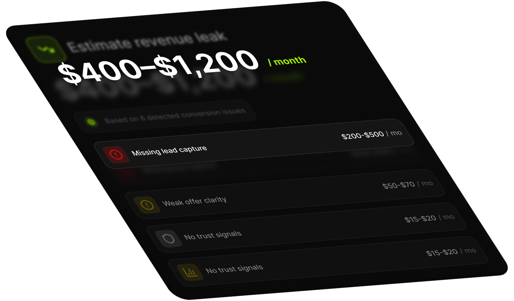 RevSlip audit dashboard showing revenue leak estimates and prioritized findings
